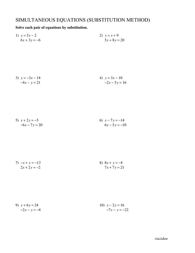 Simultaneous Equations Substitution Method By Riazidan Teaching Resources Tes