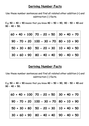 Recalling And Deriving Addition And Subtraction Facts To 100 By 