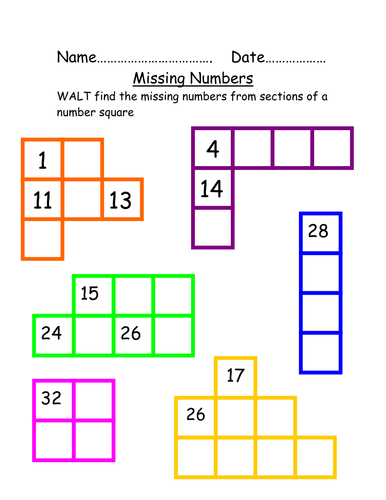 Missing numbers from hundreds Chart. by beckyelmer1984 ...