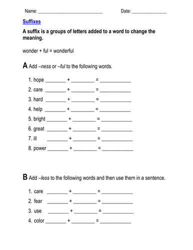Worksheet on Suffixes 'ful' and 'less' by hroberts999 - Teaching