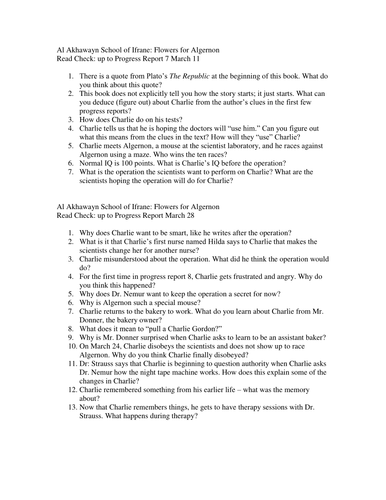 Worksheets Flowers For Algernon Worksheets flowers for algernon by daniel keyes read checks mdfstephens teaching resources tes