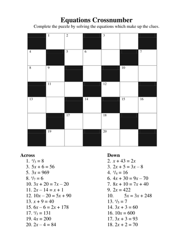 Cross Number Puzzle Algebra By Mrvman Teaching Resources Tes