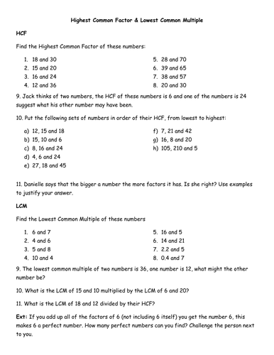 HCF and LCM worksheet - including 3 numbers by jhofmannmaths - Teaching