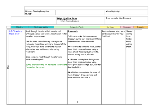 Reception Literacy Unit using Dylan's Amazing Dinosaurs