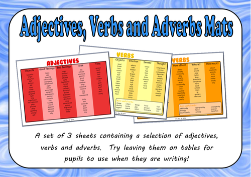 Adjectives Verbs And Adverbs Mats Teaching Resources