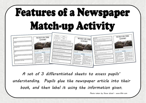 Features Of A Newspaper Match Up Activity Teaching Resources