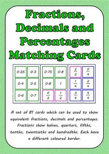 Fractions, Decimals and Percentages Matching Cards