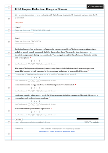 AQA B1 Progress Self Assessment Forms