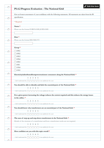 AQA P1 Progress Self Assessment forms