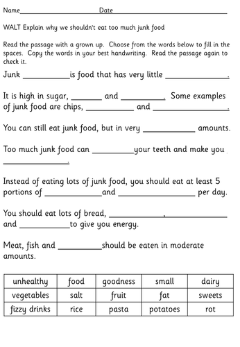 Year 2 Junk food explanation text writing