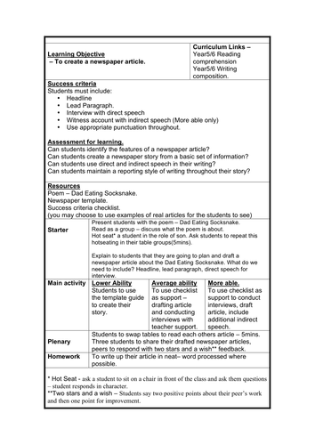 Complete Lesson Year 5 English Creating A Newspaper Article Teaching Resources