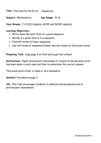 Sequences and nth terms Activities