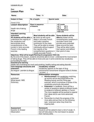 Les drogues - Session I -   French - Y12 (AS)