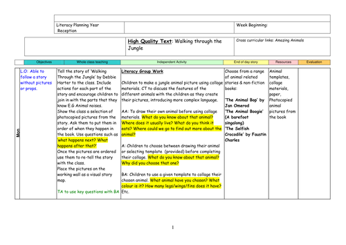 Reception literacy unit based on 'Walking Through the Jungle'