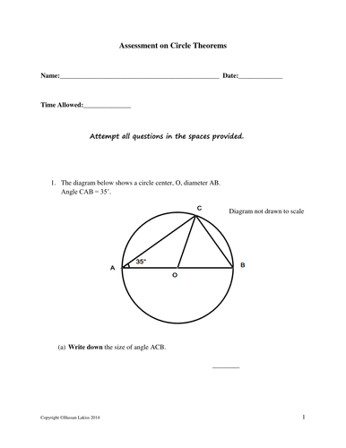 Assessment on Circle Theorems with solutions and markscheme