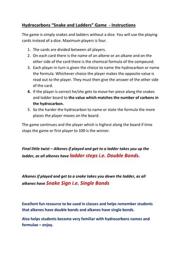 Hydrocarbons "Snakes and Ladders" Game 