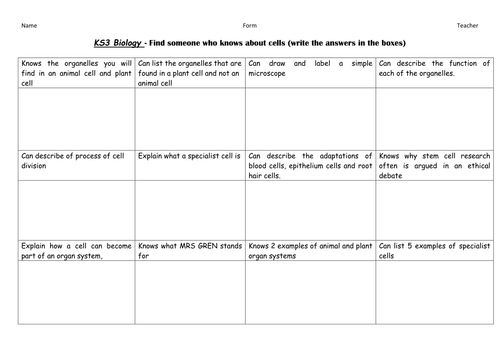 Find Someone Who Biology KS3  -cells, reproduction, variation, ecology, body systems, microbes,