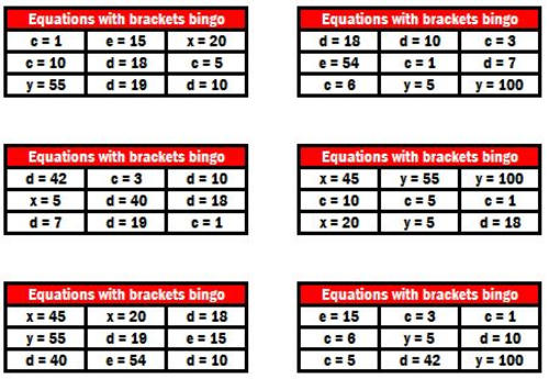 Equations bingo