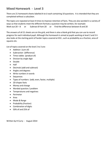 Maths - Set of 21 Level 3 Homeworks + answers + progress sheet