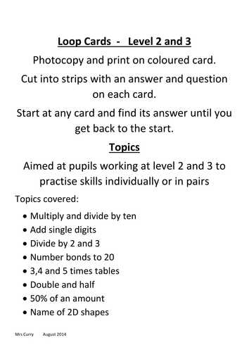 Eight sets of loop cards for pupils at level 2 and 3 (maths)