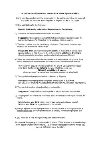 Ygoloce Island - Ecology Activity