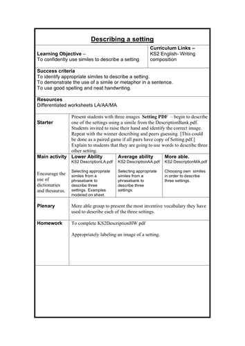 Complete Lesson - Year5 Using similes in descriptions 