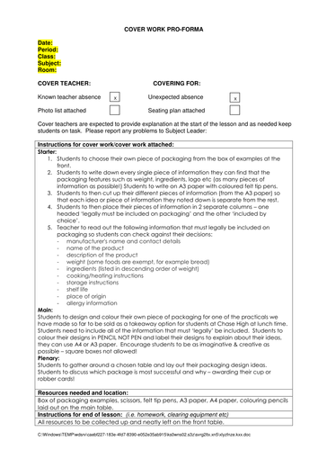 Food Packaging Cover/Revision Lesson
