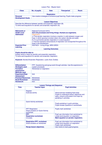Aerobic and Anaerobic respiration. A-C grade/Level 5-8.