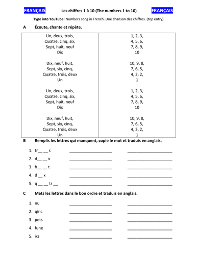 french lesson numbers 1 10 by darbonator teaching