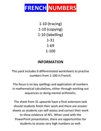 French Numbers Worksheets I