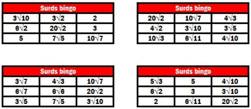 Squares, roots and surds bingo
