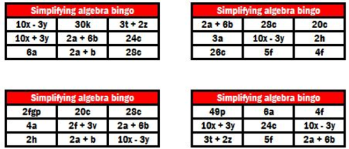 Algebraic expressions bingo