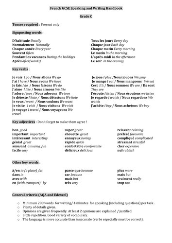 French GCSE Grade C Writing and Speaking Handbook
