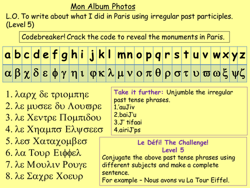 Trip to Paris Writing - Irregular Past Participles