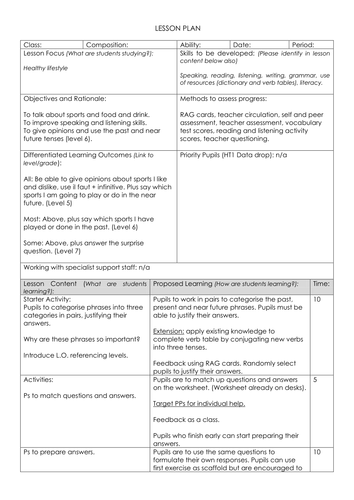 French Hobbies Speaking Lesson Using Three Tenses - Year 9 