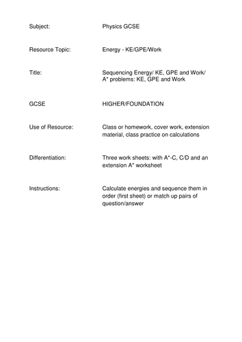 Work, KE and GPE calculations and a Powerpoint | Teaching Resources