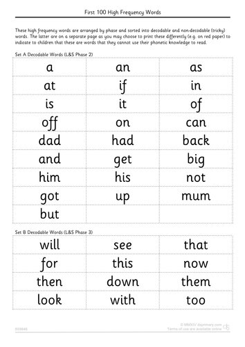 First 100 High Frequency Words - Easy Read - Organised By Phase