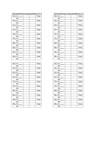 Grid multiplication of 2, 3, 4 digit numbers using multiples of 3 and 4