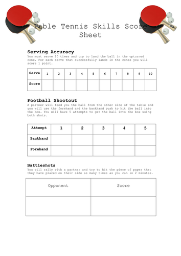 Table Tennis Skills Sheet