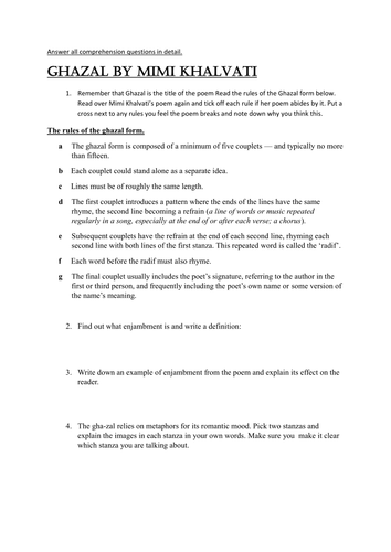 Ghazal by Mimi Khalvati work sheet 
