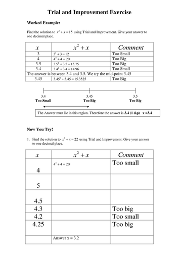 Trial and Improvement Worksheet