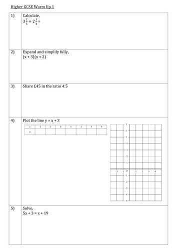 Higher GCSE Warm Ups Set 1