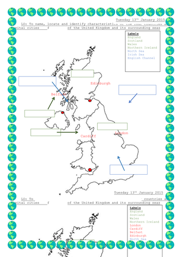 blank 7 worksheet continents Four and Kingdom countries United of surrounding the their