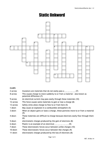 Static Electricity crossword quick starter actvity | Teaching Resources