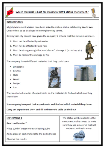 Investigating materials worksheet - Monuments