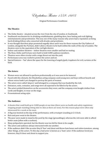 Elizabethan Theatre - Original Performance Conditions - EDEXCEL UNIT 4