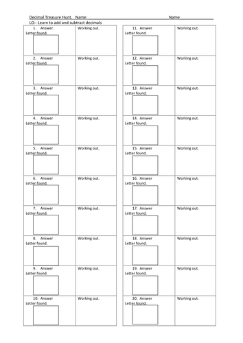 Treasure Hunt - Column addition and subtraction of decimals