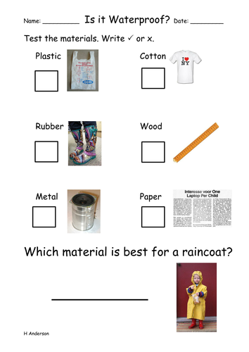 A Waterproof Worksheet Earlyks1 By Balanowski Teaching Resources Tes