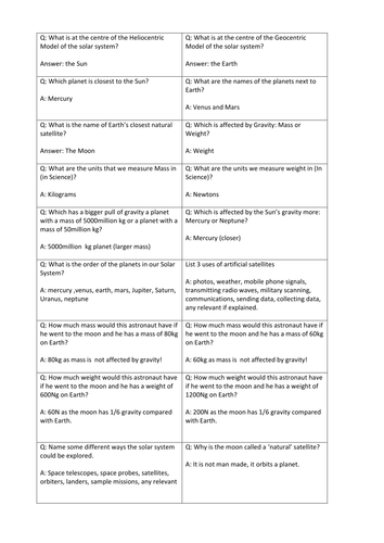 Question and Answer Cards Topic 9J KS3