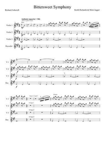 Bittersweet Symphony The Verve String Ensemble Score And Lead Sheet For Bass Guitar And Piano Teaching Resources